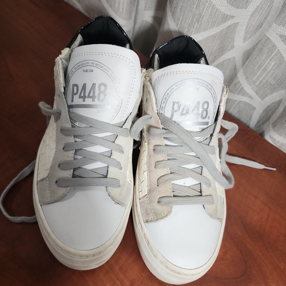 P448 Women's White and Gray Lace-Up Sneakers